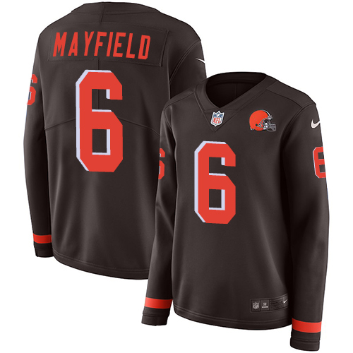 Nike Browns #6 Baker Mayfield Brown Team Color Women's Stitched NFL Limited Therma Long Sleeve Jersey