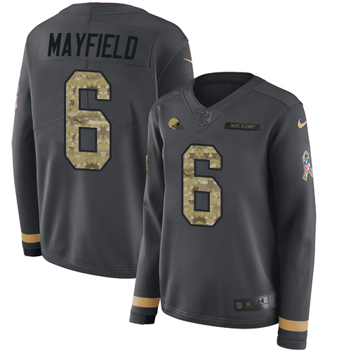 Nike Browns #6 Baker Mayfield Anthracite Salute to Service Women's Stitched NFL Limited Therma Long Sleeve Jersey