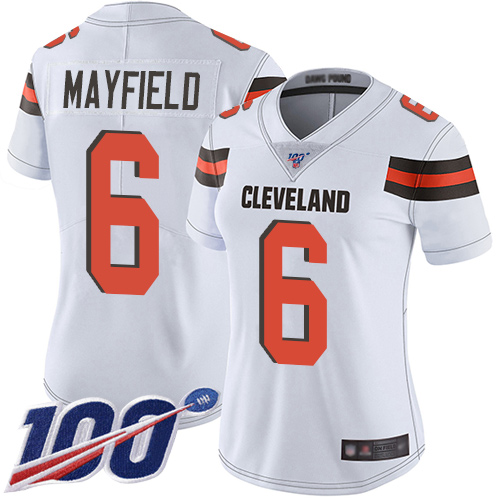 Nike Browns #6 Baker Mayfield White Women's Stitched NFL 100th Season Vapor Limited Jersey