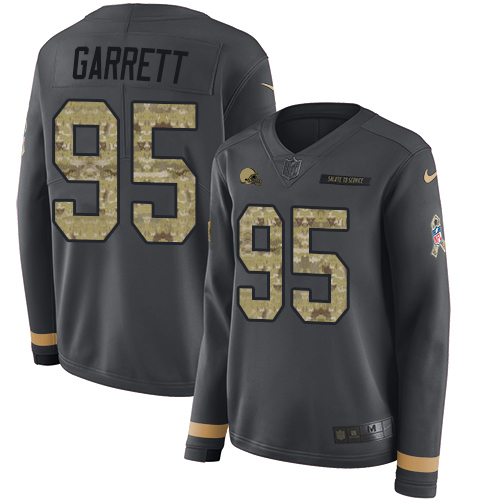 Nike Browns #95 Myles Garrett Anthracite Salute to Service Women's Stitched NFL Limited Therma Long Sleeve Jersey