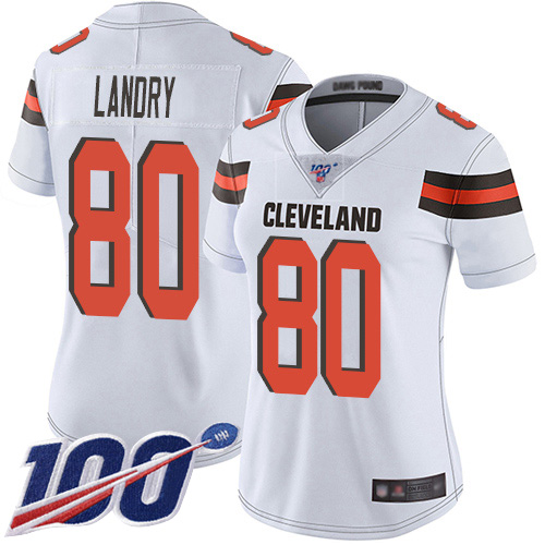 Nike Browns #80 Jarvis Landry White Women's Stitched NFL 100th Season Vapor Limited Jersey