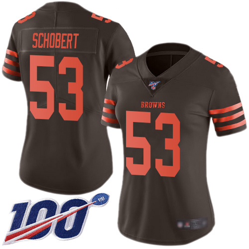 Nike Browns #53 Joe Schobert Brown Women's Stitched NFL Limited Rush 100th Season Jersey