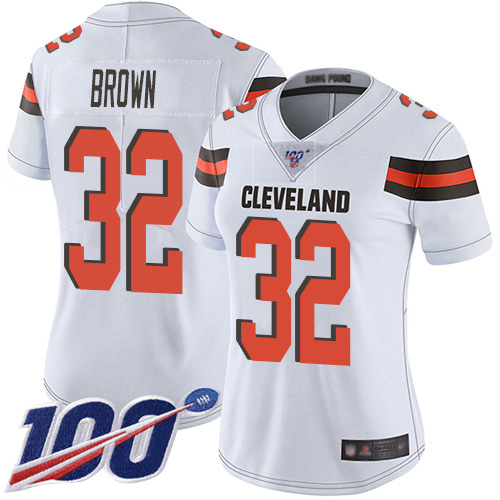 Nike Browns #32 Jim Brown White Women's Stitched NFL 100th Season Vapor Limited Jersey