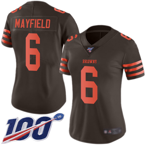Nike Browns #6 Baker Mayfield Brown Women's Stitched NFL Limited Rush 100th Season Jersey