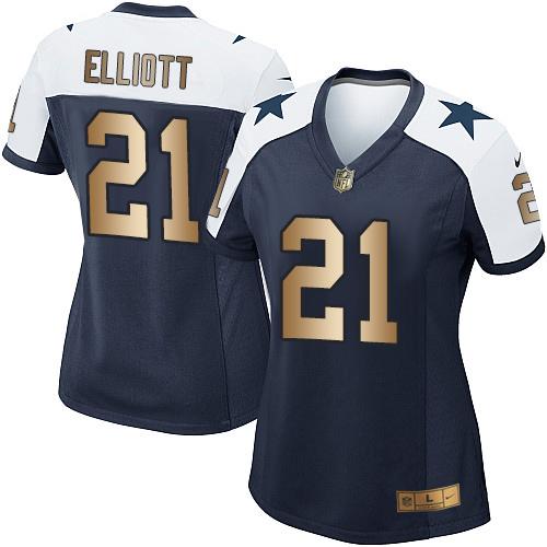 Nike Cowboys #21 Ezekiel Elliott Navy Blue Thanksgiving Throwback Women's Stitched NFL Elite Gold Jersey