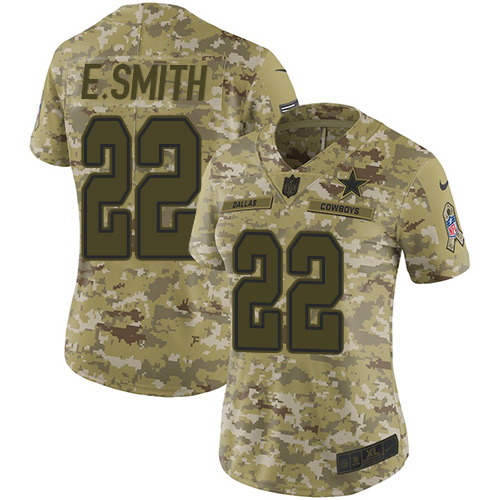 Nike Cowboys #22 Emmitt Smith Camo Women's Stitched NFL Limited 2018 Salute to Service Jersey