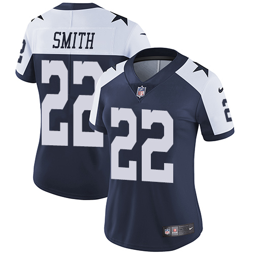 Nike Cowboys #22 Emmitt Smith Navy Blue Thanksgiving Women's Stitched NFL Vapor Untouchable Limited Throwback Jersey