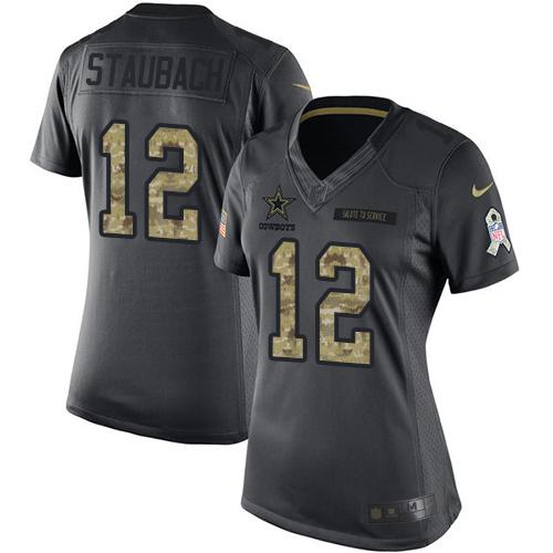 Nike Cowboys #12 Roger Staubach Black Women's Stitched NFL Limited 2016 Salute to Service Jersey