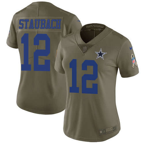 Nike Cowboys #12 Roger Staubach Olive Women's Stitched NFL Limited 2017 Salute to Service Jersey