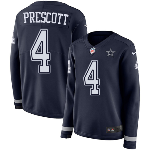 Nike Cowboys #4 Dak Prescott Navy Blue Team Color Women's Stitched NFL Limited Therma Long Sleeve Jersey