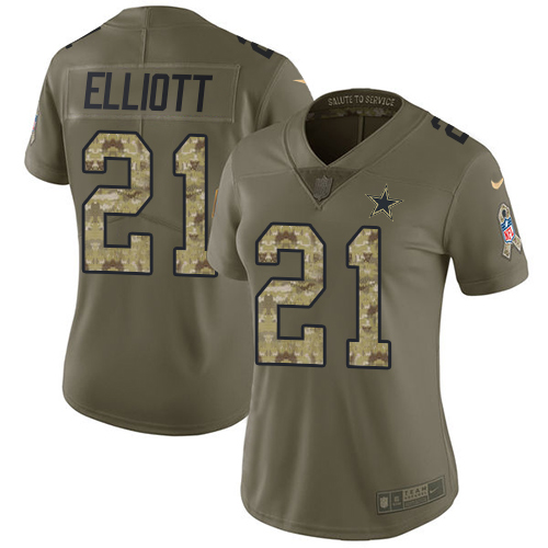 Nike Cowboys #21 Ezekiel Elliott Olive/Camo Women's Stitched NFL Limited 2017 Salute to Service Jersey