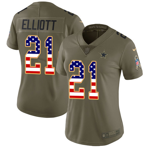 Nike Cowboys #21 Ezekiel Elliott Olive/USA Flag Women's Stitched NFL Limited 2017 Salute to Service Jersey