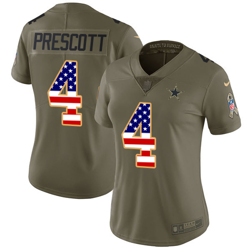 Nike Cowboys #4 Dak Prescott Olive/USA Flag Women's Stitched NFL Limited 2017 Salute to Service Jersey