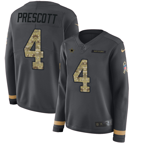 Nike Cowboys #4 Dak Prescott Anthracite Salute to Service Women's Stitched NFL Limited Therma Long Sleeve Jersey
