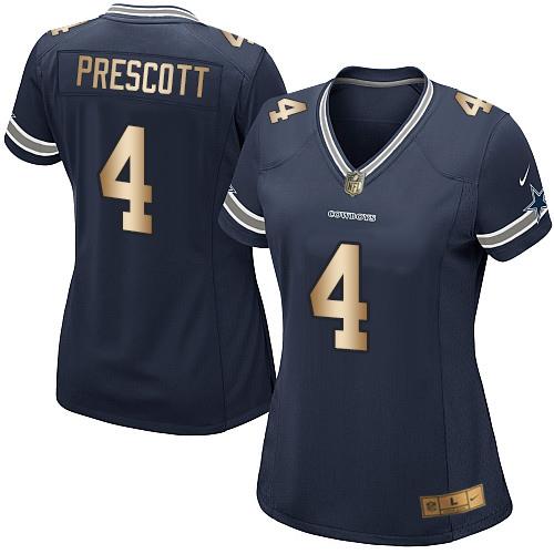 Nike Cowboys #4 Dak Prescott Navy Blue Team Color Women's Stitched NFL Elite Gold Jersey