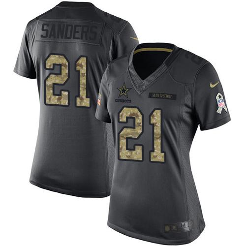 Nike Cowboys #21 Deion Sanders Black Women's Stitched NFL Limited 2016 Salute to Service Jersey