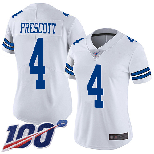Nike Cowboys #4 Dak Prescott White Women's Stitched NFL 100th Season Vapor Limited Jersey