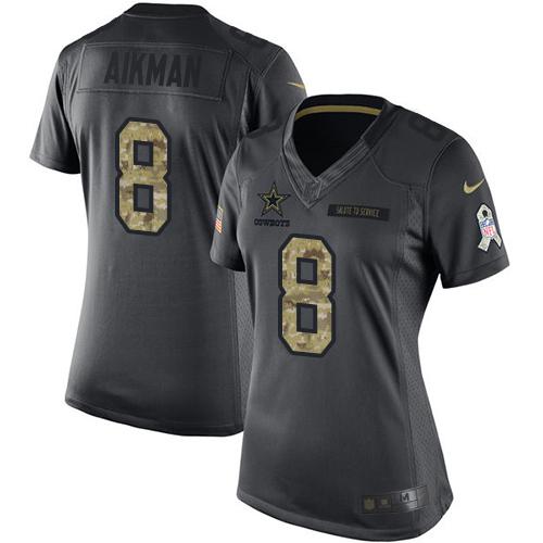 Nike Cowboys #8 Troy Aikman Black Women's Stitched NFL Limited 2016 Salute to Service Jersey