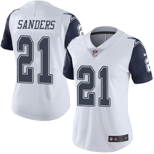 Nike Cowboys #21 Deion Sanders White Women's Stitched NFL Limited Rush Jersey