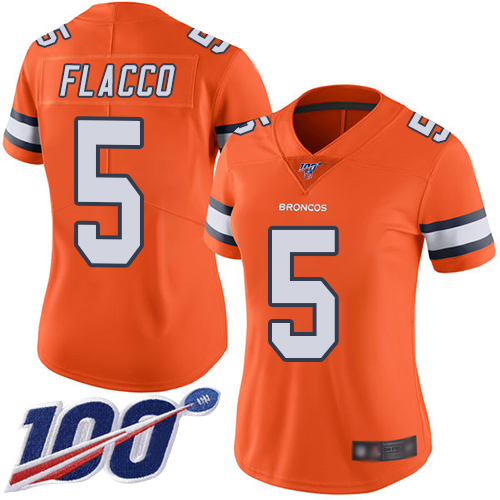 Nike Broncos #5 Joe Flacco Orange Women's Stitched NFL Limited Rush 100th Season Jersey