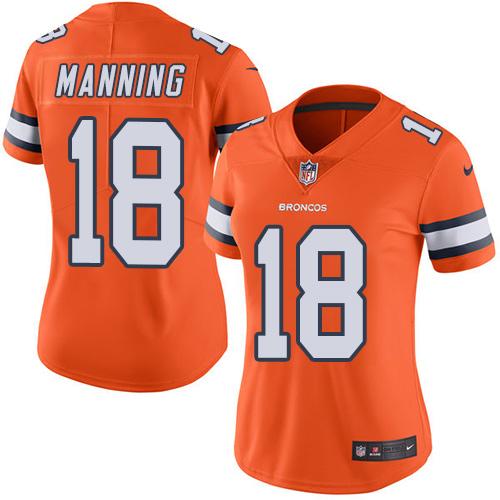 Nike Broncos #18 Peyton Manning Orange Women's Stitched NFL Limited Rush Jersey