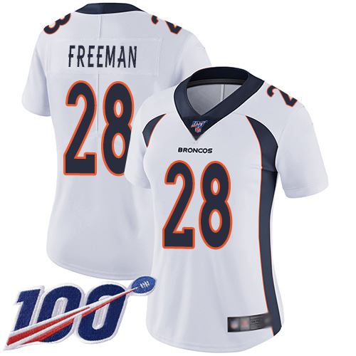 Nike Broncos #28 Royce Freeman White Women's Stitched NFL 100th Season Vapor Limited Jersey