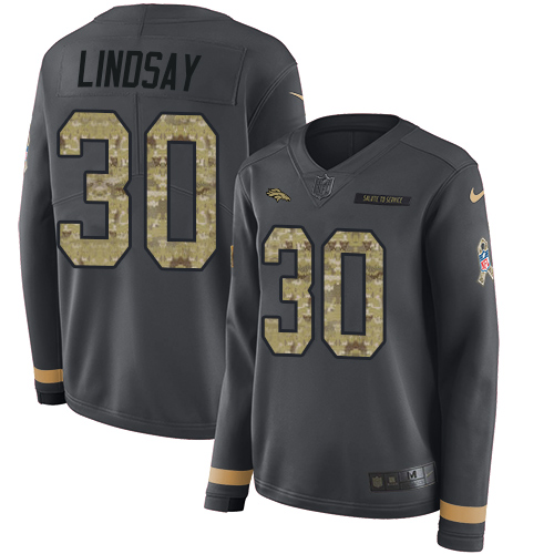 Nike Broncos #30 Phillip Lindsay Anthracite Salute to Service Women's Stitched NFL Limited Therma Long Sleeve Jersey