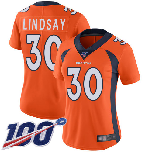 Nike Broncos #30 Phillip Lindsay Orange Team Color Women's Stitched NFL 100th Season Vapor Limited Jersey
