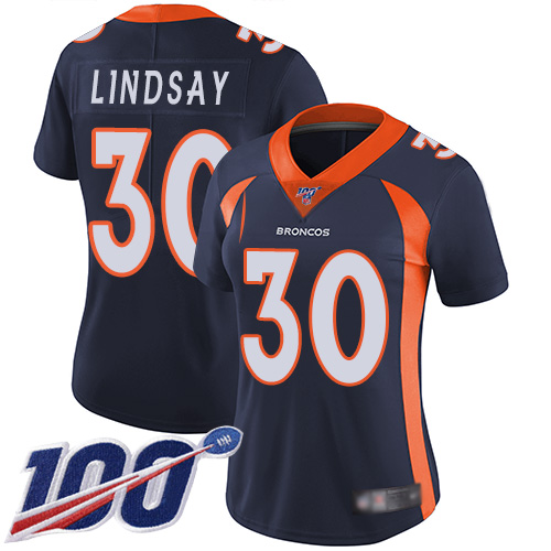 Nike Broncos #30 Phillip Lindsay Navy Blue Alternate Women's Stitched NFL 100th Season Vapor Limited Jersey