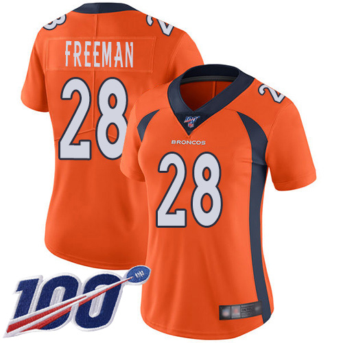 Nike Broncos #28 Royce Freeman Orange Team Color Women's Stitched NFL 100th Season Vapor Limited Jersey