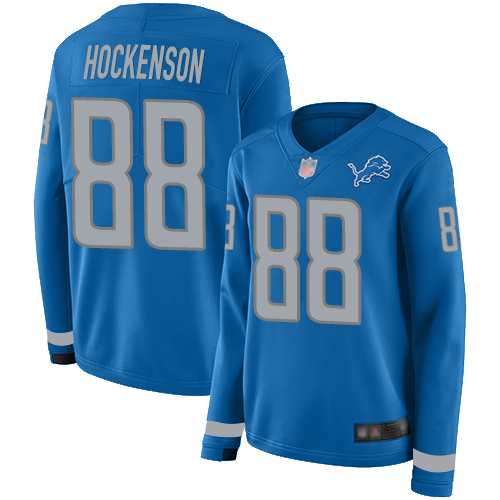 Nike Lions #88 T.J. Hockenson Blue Team Color Women's Stitched NFL Limited Therma Long Sleeve Jersey