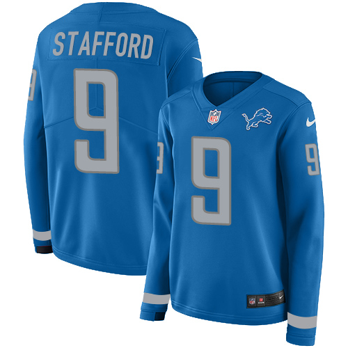 Nike Lions #9 Matthew Stafford Light Blue Team Color Women's Stitched NFL Limited Therma Long Sleeve Jersey