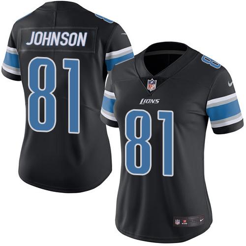 Nike Lions #81 Calvin Johnson Black Women's Stitched NFL Limited Rush Jersey