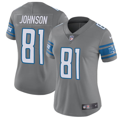 Nike Lions #81 Calvin Johnson Gray Women's Stitched NFL Limited Rush Jersey