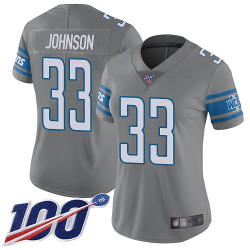 Nike Lions #33 Kerryon Johnson Gray Women's Stitched NFL Limited Rush 100th Season Jersey