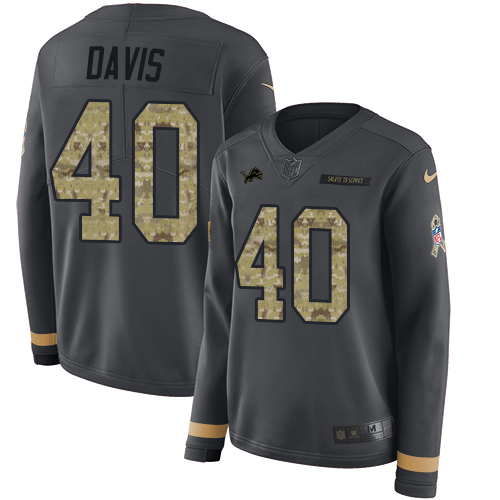 Nike Lions #40 Jarrad Davis Anthracite Salute to Service Women's Stitched NFL Limited Therma Long Sleeve Jersey