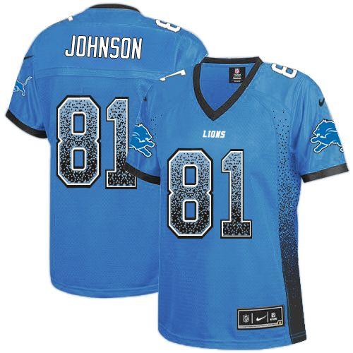 Nike Lions #81 Calvin Johnson Light Blue Team Color Women's Stitched NFL Elite Drift Fashion Jersey