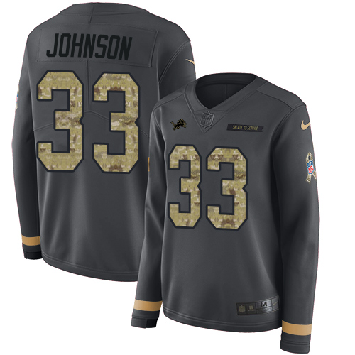 Nike Lions #33 Kerryon Johnson Anthracite Salute to Service Women's Stitched NFL Limited Therma Long Sleeve Jersey