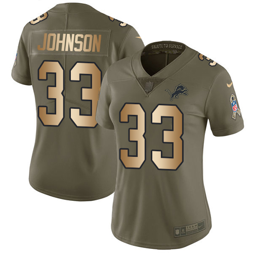 Nike Lions #33 Kerryon Johnson Olive/Gold Women's Stitched NFL Limited 2017 Salute to Service Jersey