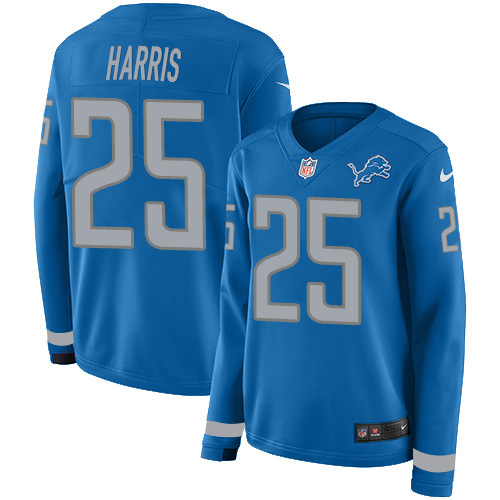 Nike Lions #25 Will Harris Blue Team Color Women's Stitched NFL Limited Therma Long Sleeve Jersey