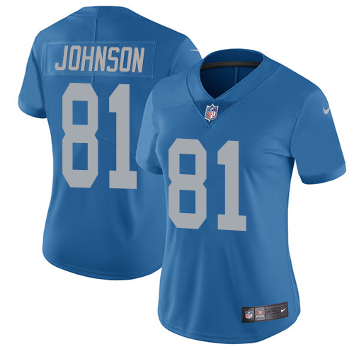 Nike Lions #81 Calvin Johnson Blue Throwback Women's Stitched NFL Vapor Untouchable Limited Jersey