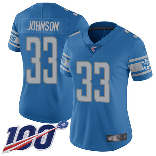 Nike Lions #33 Kerryon Johnson Blue Team Color Women's Stitched NFL 100th Season Vapor Limited Jersey