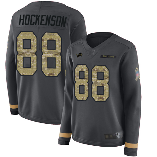 Nike Lions #88 T.J. Hockenson Anthracite Salute to Service Women's Stitched NFL Limited Therma Long Sleeve Jersey