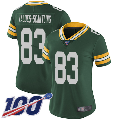 Nike Packers #83 Marquez Valdes-Scantling Green Team Color Women's Stitched NFL 100th Season Vapor Limited Jersey