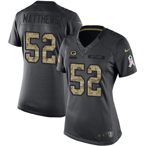 Nike Packers #52 Clay Matthews Black Women's Stitched NFL Limited 2016 Salute to Service Jersey