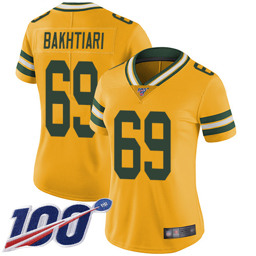 Nike Packers #69 David Bakhtiari Gold Women's Stitched NFL Limited Inverted Legend 100th Season Jersey