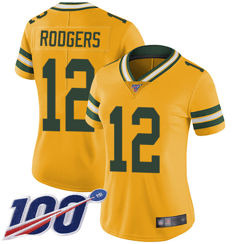 Nike Packers #12 Aaron Rodgers Yellow Women's Stitched NFL Limited Rush 100th Season Jersey