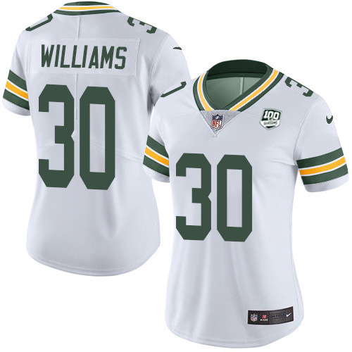Nike Packers #30 Jamaal Williams White Women's 100th Season Stitched NFL Vapor Untouchable Limited Jersey