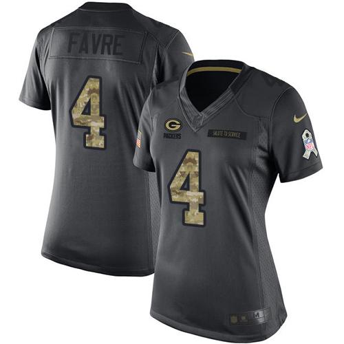 Nike Packers #4 Brett Favre Black Women's Stitched NFL Limited 2016 Salute to Service Jersey