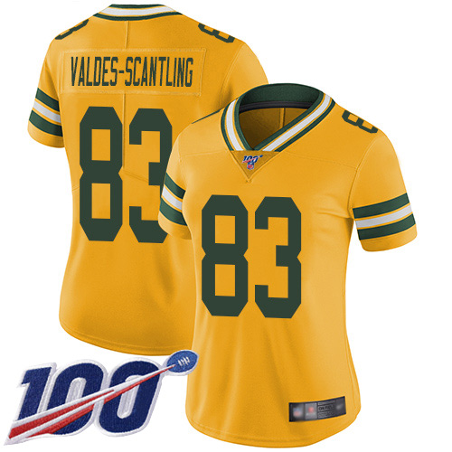 Nike Packers #83 Marquez Valdes-Scantling Yellow Women's Stitched NFL Limited Rush 100th Season Jersey
